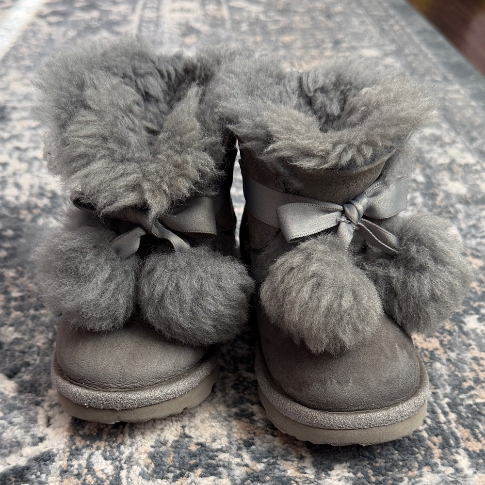 UGG Gray Kids Boots with Fluffy Pom Poms